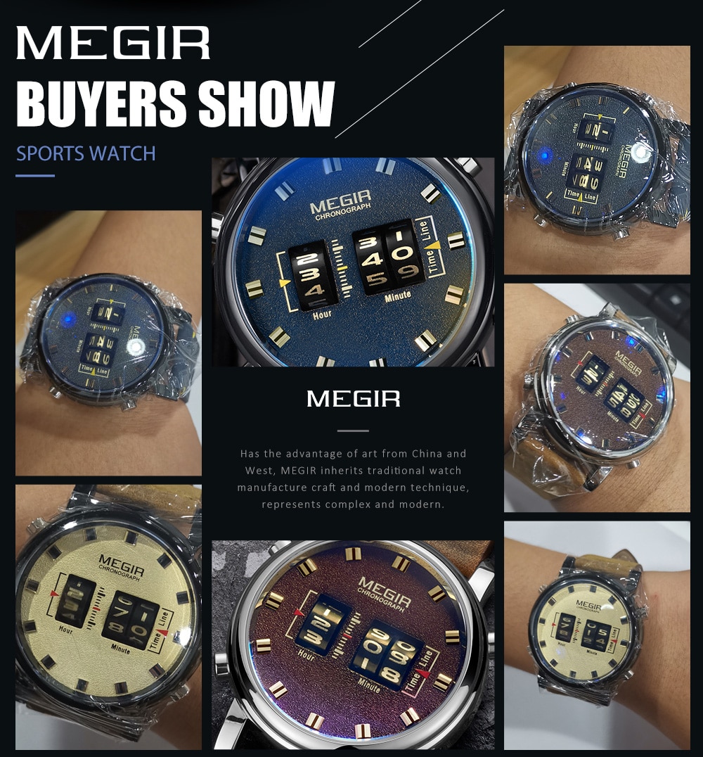 MEGIR Fashion Men's Roller Design Business Clock Men Quartz Watch Leather Waterproof Casual Sport Mens Watches Relogio Masculino