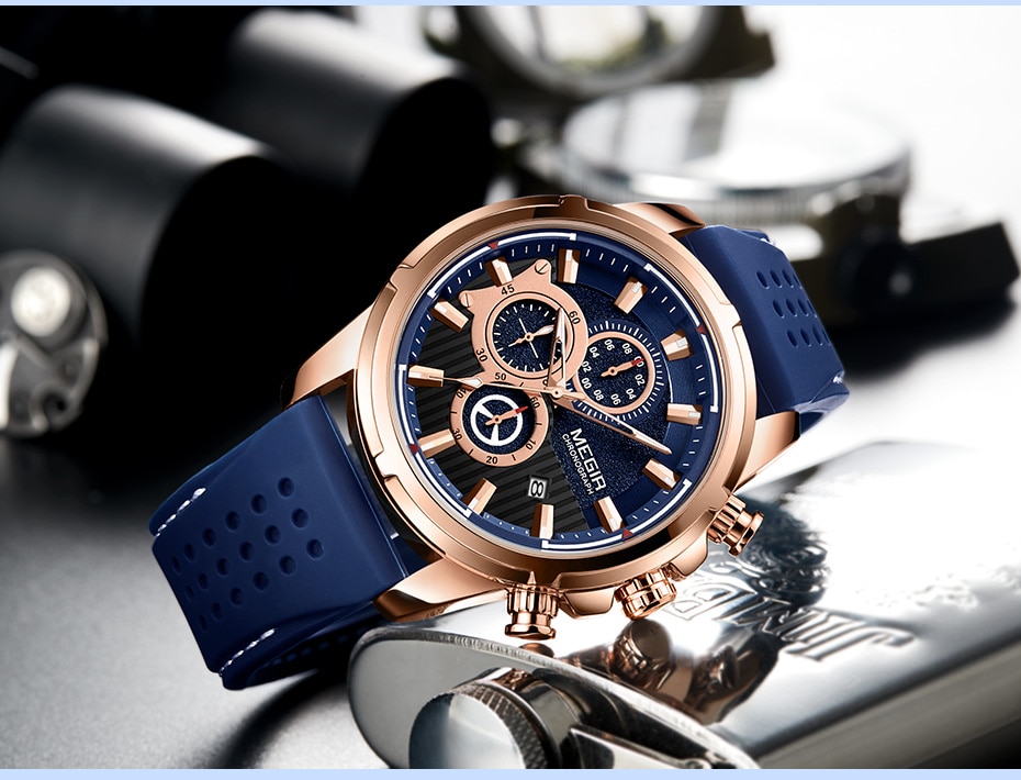 Relogio Masculino MEGIR New Sport Chronograph Silicone Mens Watches Top Brand Luxury Quartz Clock Waterproof Big Dial Watch Men