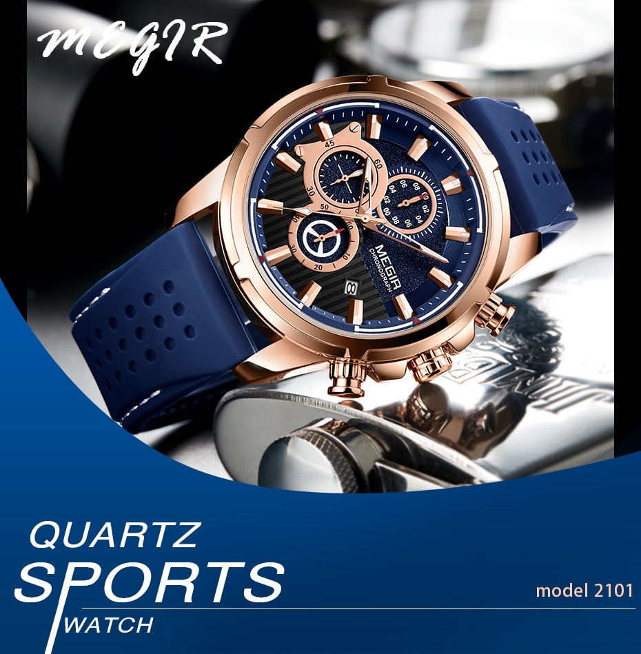 Relogio Masculino MEGIR New Sport Chronograph Silicone Mens Watches Top Brand Luxury Quartz Clock Waterproof Big Dial Watch Men