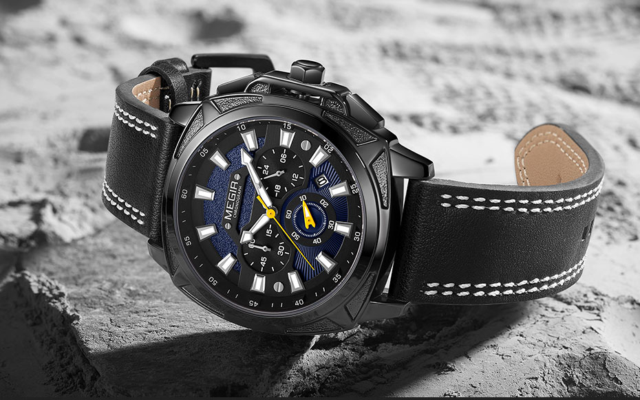 MEGIR Mens Watches Top Brand Sports Watch Man Luminous Waterproof Leather Band Military Quartz Watch Clock Men Relogio Masculino