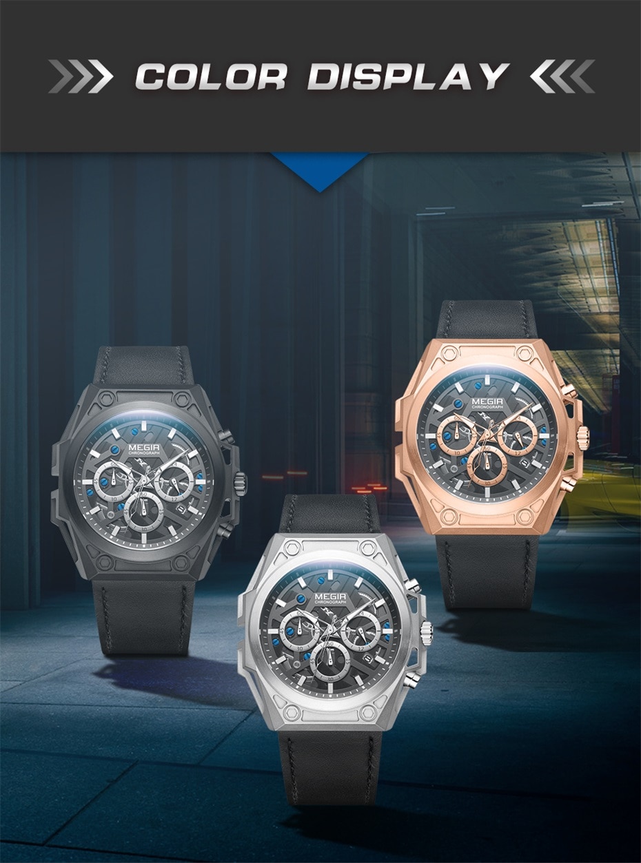 MEGIR Stainless Steel Mens Watches Waterproof Sports Men Quartz Wristwatches Chronograph Stop Watches for Man Male Clock Hour