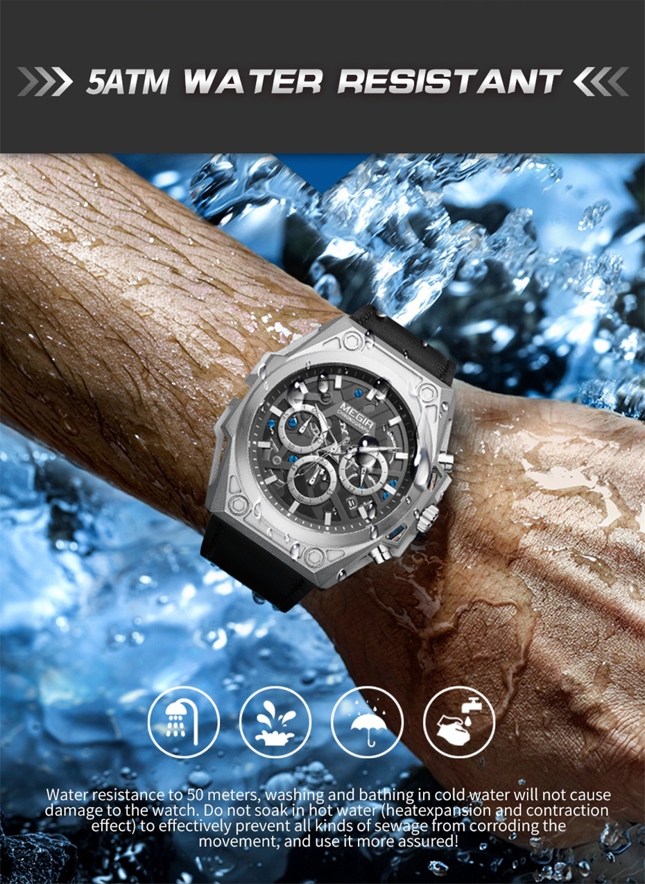 MEGIR Stainless Steel Mens Watches Waterproof Sports Men Quartz Wristwatches Chronograph Stop Watches for Man Male Clock Hour