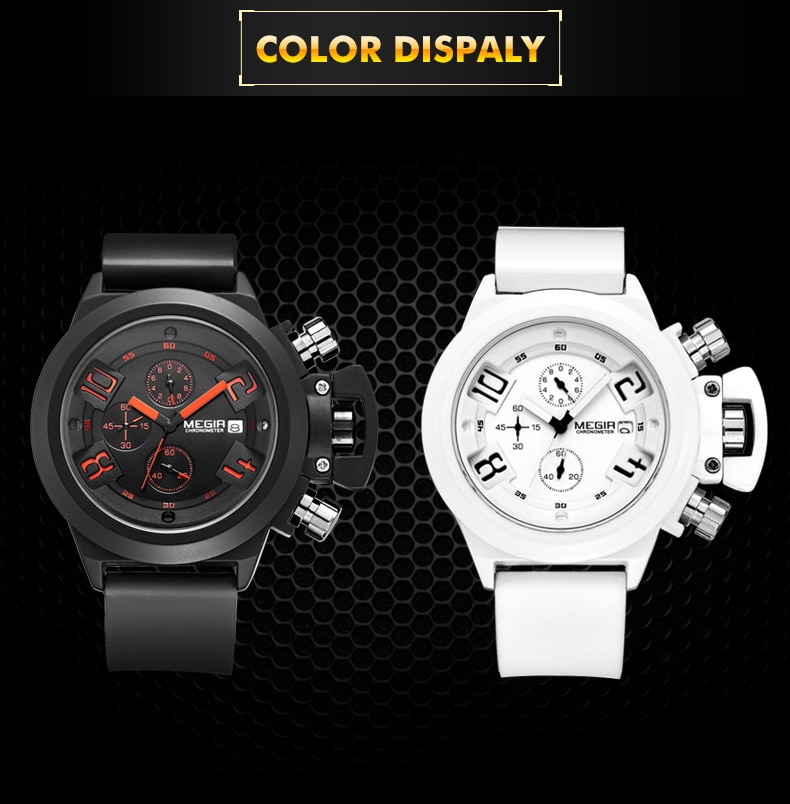 MEGIR 3D Engraved Dial Clocks Male Sport Quartz Men Watches Black Silicone Waterproof Military Chronograph Watch Reloj Hombre