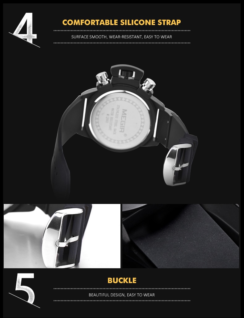 MEGIR 3D Engraved Dial Clocks Male Sport Quartz Men Watches Black Silicone Waterproof Military Chronograph Watch Reloj Hombre