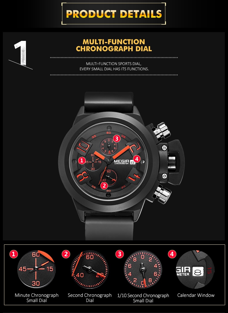 MEGIR 3D Engraved Dial Clocks Male Sport Quartz Men Watches Black Silicone Waterproof Military Chronograph Watch Reloj Hombre