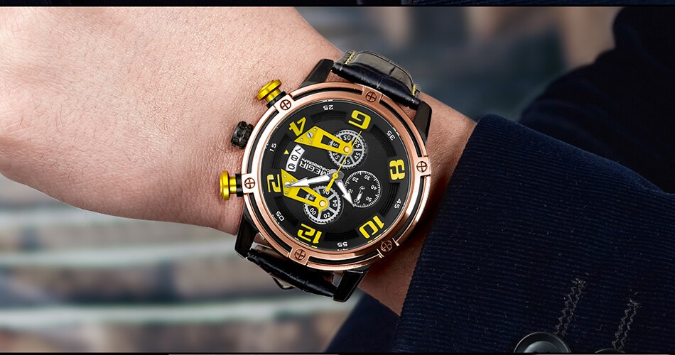 MEGIR Chronograph Men's Leather Sport Quartz Watch Men Montre Homme Fashion Casual Men Watches Military Analog Relogio Masculino