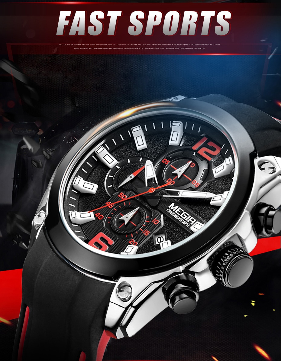 2021 MEGIR Watch Top Brand Mens Watches with Chronograph Waterproof Silicone Sport Wristwatch Men Watch Analog Quartz Relogio
