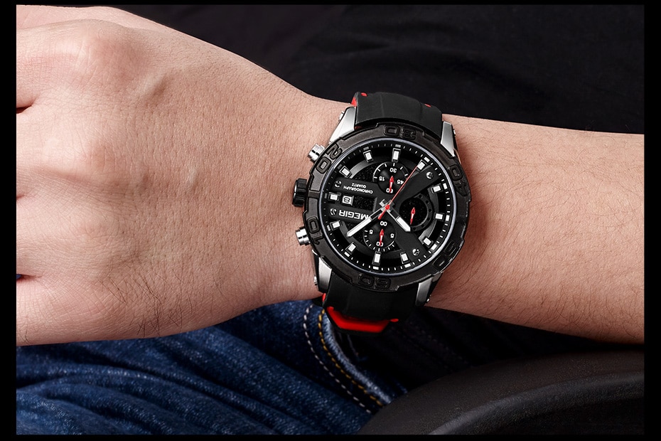 MEGIR Men Watches Analog Quartz Wristwatch Waterproof Sport Chronograph Silicone Military Watch Men Auto Date Relogio Masculino