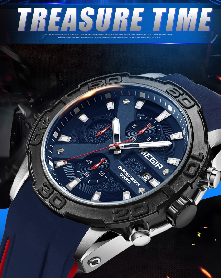MEGIR Men Watches Analog Quartz Wristwatch Waterproof Sport Chronograph Silicone Military Watch Men Auto Date Relogio Masculino