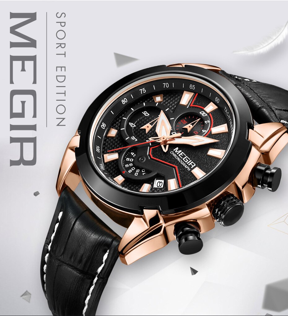 2021 New MEGIR Men's Fashion Sports Quartz Watch Men Leather with Chronograph Mens Watches Military Waterproof Sport Wrist Watch