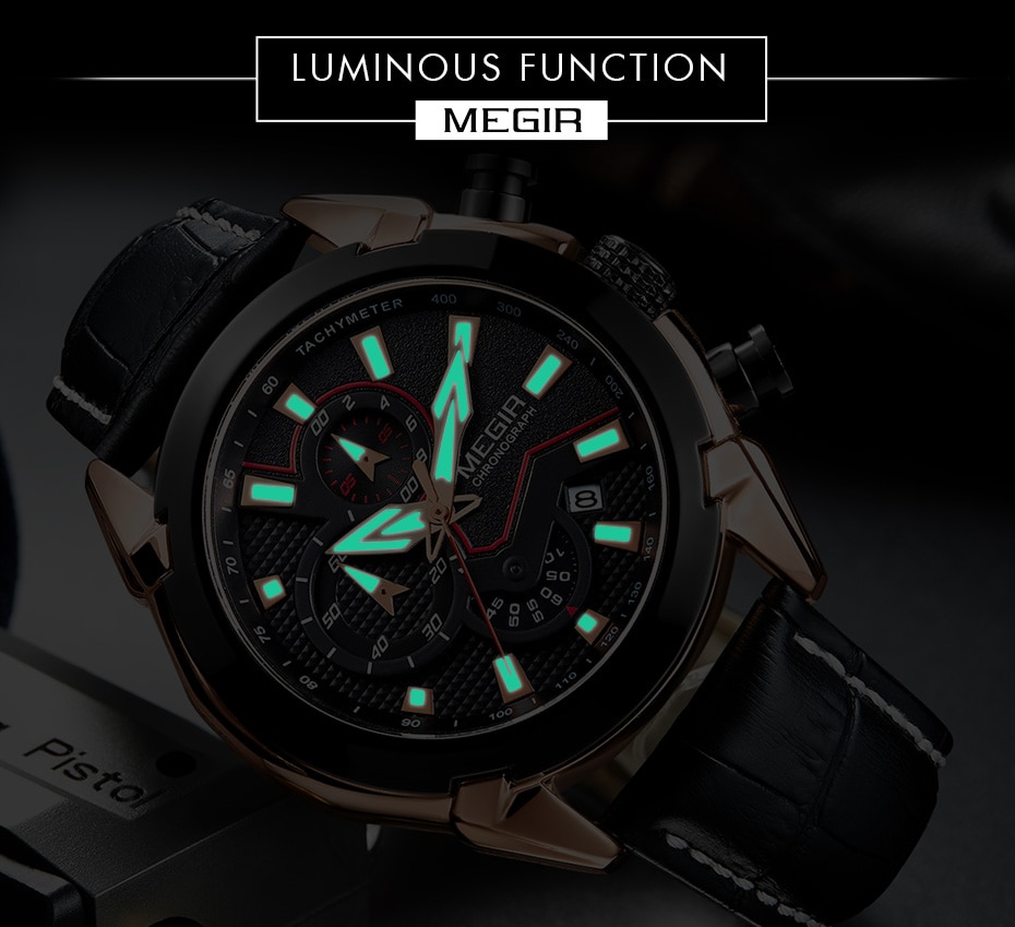 2021 New MEGIR Men's Fashion Sports Quartz Watch Men Leather with Chronograph Mens Watches Military Waterproof Sport Wrist Watch