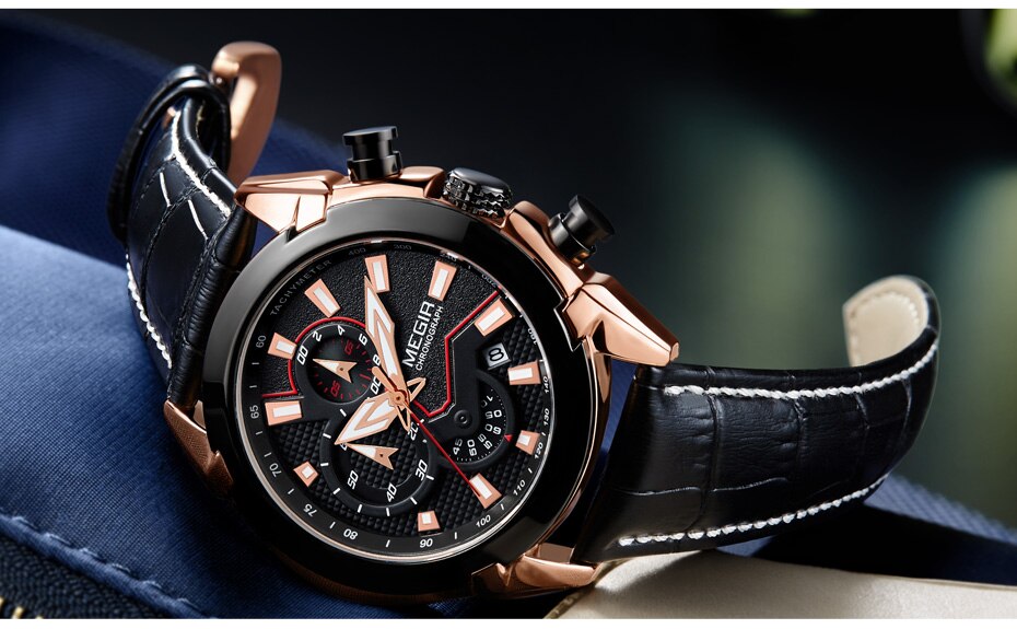 2021 New MEGIR Men's Fashion Sports Quartz Watch Men Leather with Chronograph Mens Watches Military Waterproof Sport Wrist Watch