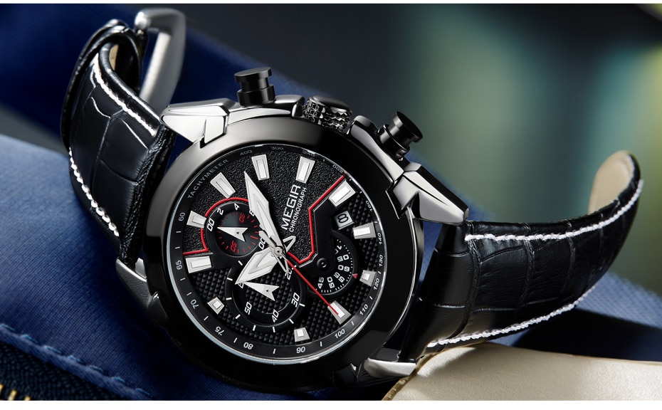 2021 New MEGIR Men's Fashion Sports Quartz Watch Men Leather with Chronograph Mens Watches Military Waterproof Sport Wrist Watch