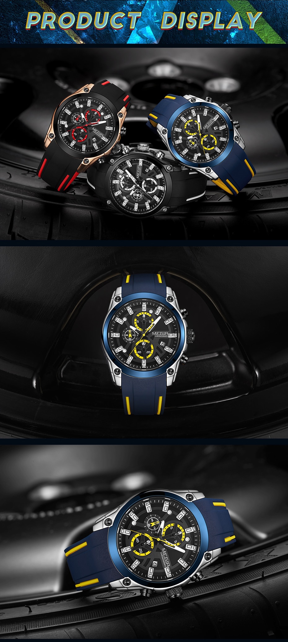 MEGIR 2020 New Mens Watches Top Brand Luxury Sports Wrist Watch Man Rose Black Silicone Waterproof Luminous Military Watch Clock