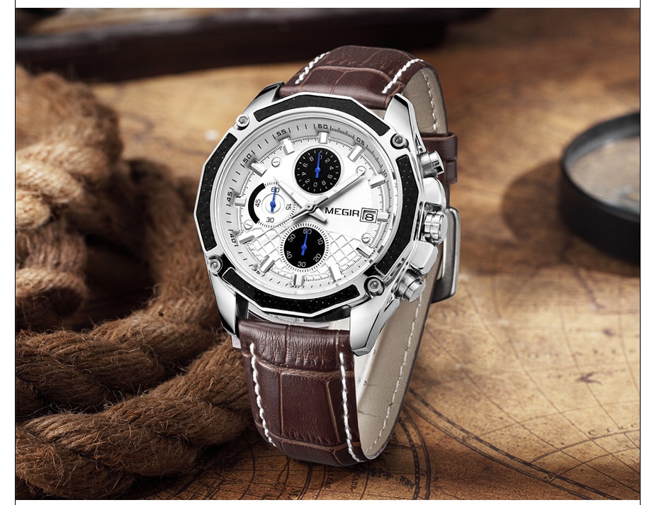 MEGIR Official Quartz Men Watches Fashion Genuine Leather Chronograph Watch Clock for Gentle Men Male Students Reloj Hombre 2015