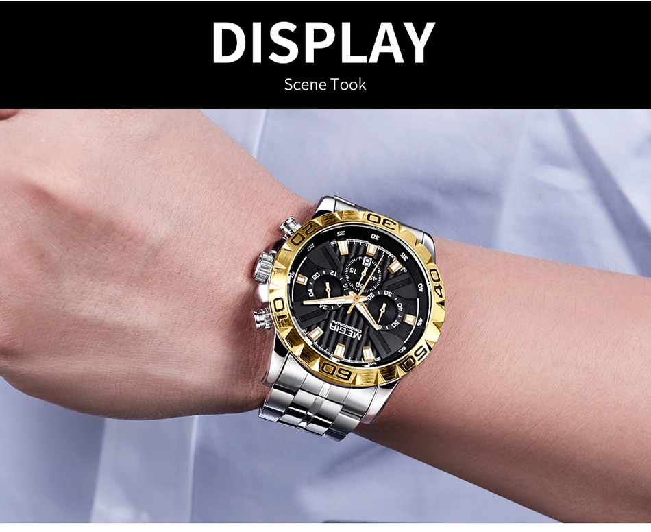 Mens Watches MEGIR Top Brand Luxury Full Steel Waterproof Watch Men 24 hour Date Quartz Sport Military Wristwatches Male Clock