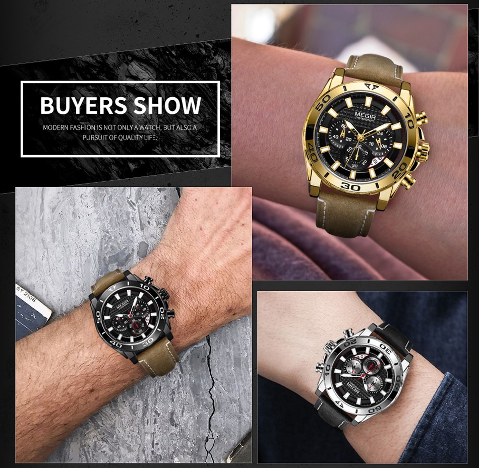 2021 MEGIR Chronograph Mens Watches Top Brand Luxury Golden Men's Quartz Watch Leather Waterproof Military Sport Watch Men Reloj