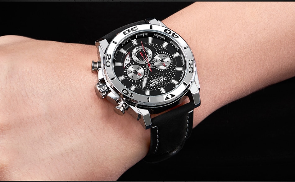 2021 MEGIR Chronograph Mens Watches Top Brand Luxury Golden Men's Quartz Watch Leather Waterproof Military Sport Watch Men Reloj