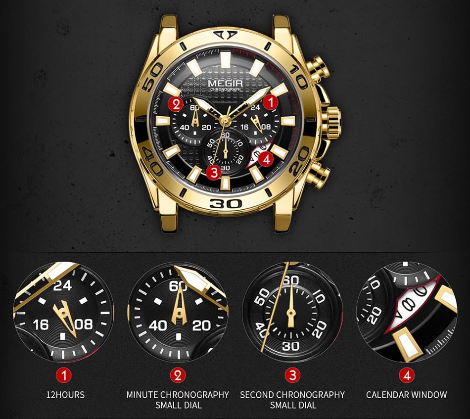2021 MEGIR Chronograph Mens Watches Top Brand Luxury Golden Men's Quartz Watch Leather Waterproof Military Sport Watch Men Reloj