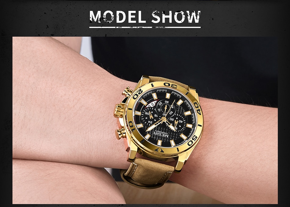 2021 MEGIR Chronograph Mens Watches Top Brand Luxury Golden Men's Quartz Watch Leather Waterproof Military Sport Watch Men Reloj