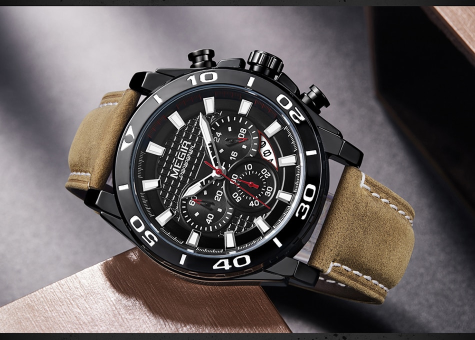 2021 MEGIR Chronograph Mens Watches Top Brand Luxury Golden Men's Quartz Watch Leather Waterproof Military Sport Watch Men Reloj