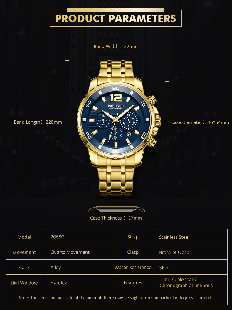 2021 New Men Watch MEGIR Luxury Gold Business Chronograph Sport Mens Watches Full Steel Military Quartz Wristwatches Clock Men