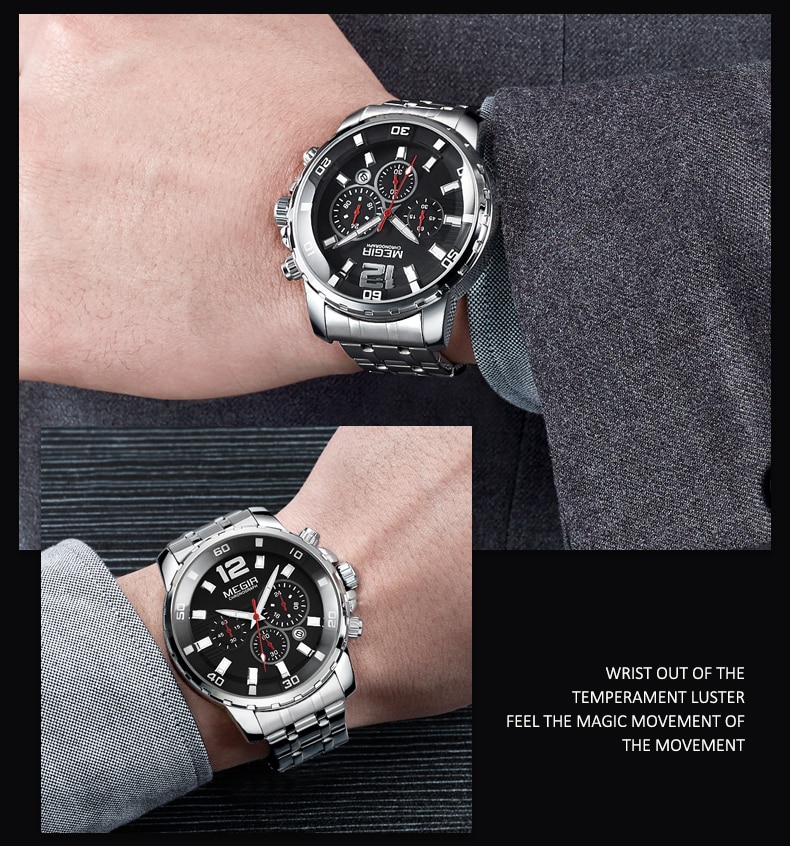 2021 New Men Watch MEGIR Luxury Gold Business Chronograph Sport Mens Watches Full Steel Military Quartz Wristwatches Clock Men