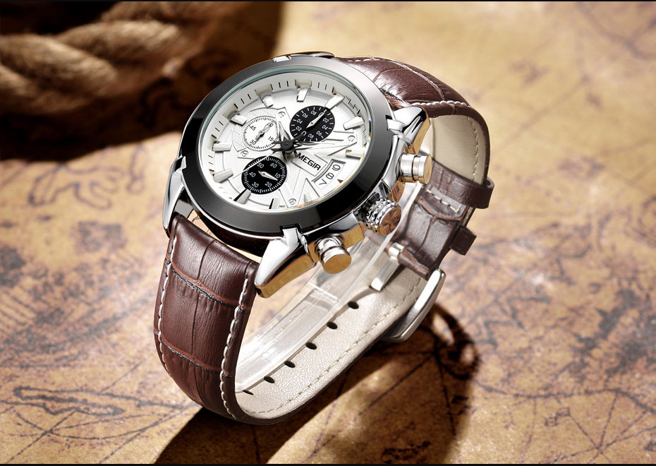 MEGIR Genuine Black Genuine Leather Watches Men Luxury Brand Quartz Watch racing men Students Game Run Chronograph Wristwatches