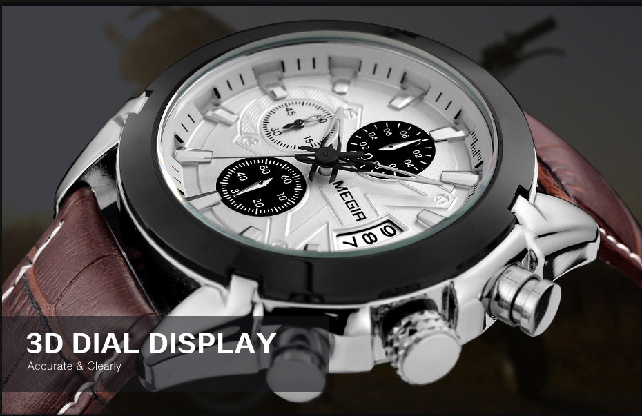 MEGIR Genuine Black Genuine Leather Watches Men Luxury Brand Quartz Watch racing men Students Game Run Chronograph Wristwatches
