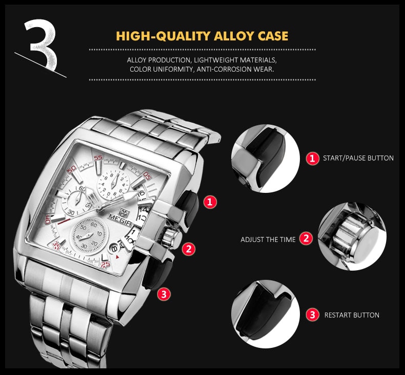 Male Clock Business Big Dial Wristwatches MEGIR Top Brand Luxury Quartz Watch Men Stainless Steel Band Relogio Masculino