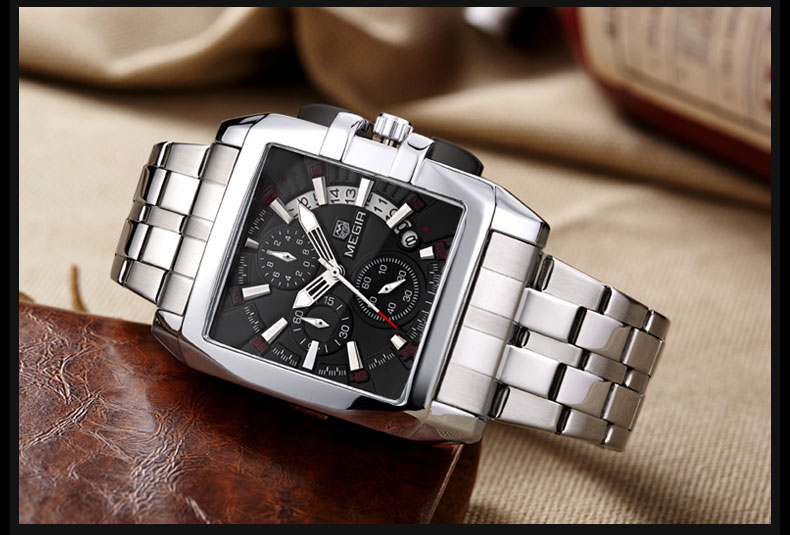 Male Clock Business Big Dial Wristwatches MEGIR Top Brand Luxury Quartz Watch Men Stainless Steel Band Relogio Masculino