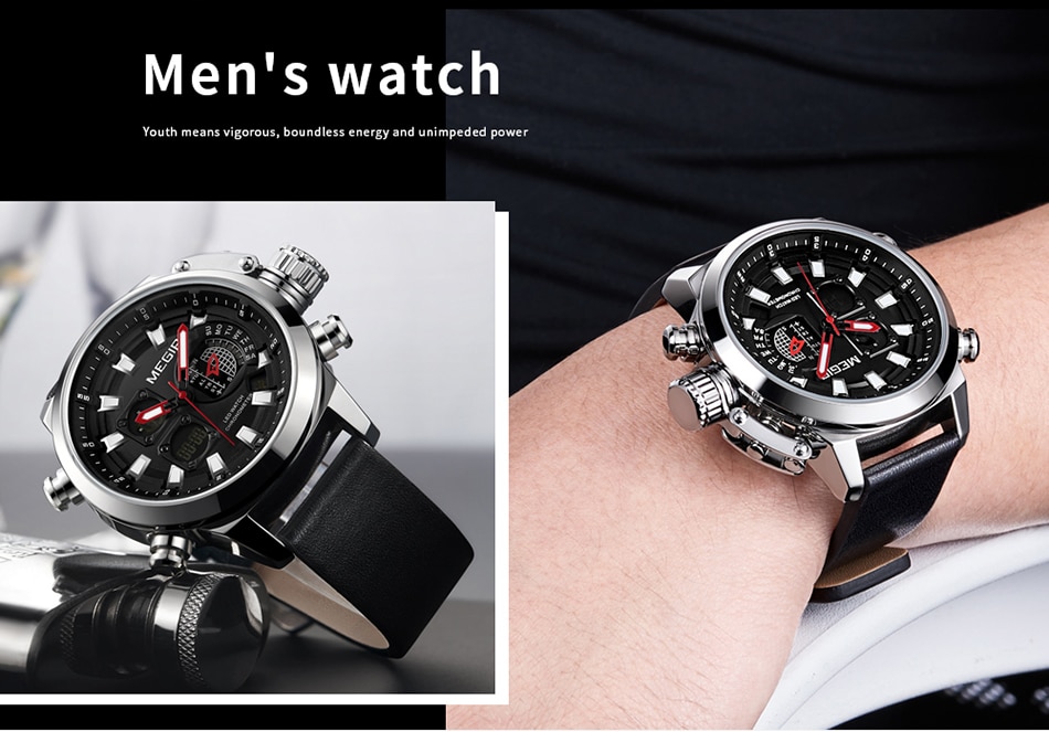 MEGIR New Watch Men Luxury Brand Analog Digital Sports Mens Watches Leather Army Military Waterproof Wristwatch 2021 Male Clock