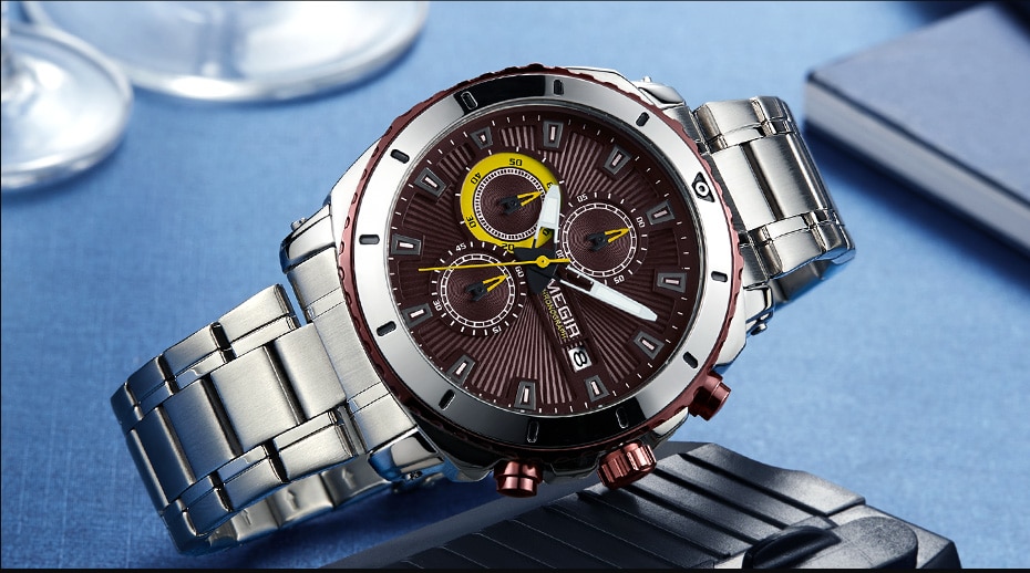 MEGIR Men Watch Business Full Steel Quartz Watches Chronograph Men Casual Waterproof Date Sports Watch Clock Relogio Masculino