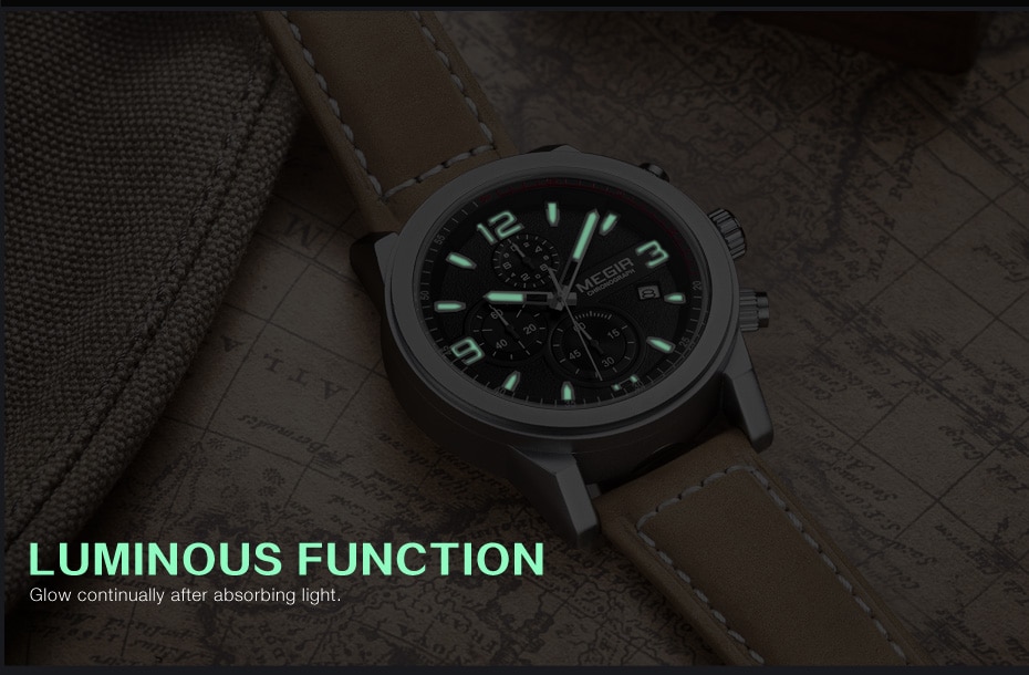 MEGIR Fashion Watch Top Brand Men Quartz Sport Chronograph Watches Mens Casual Waterproof Army Leather Clock Relogio Masculino