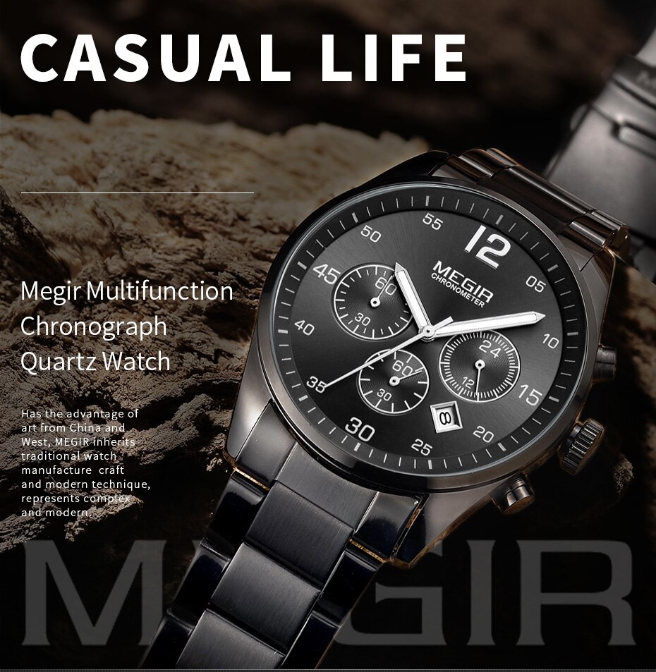 MEGIR Military Sport Men Watches Stainless Steel Quartz Watch Fashion Casual Male Date Clock Full Steel Business Mens Wristwatch