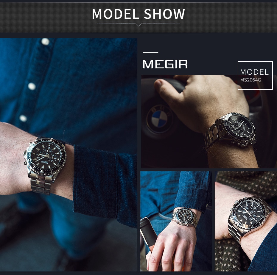 MEGIR Watch Luxury Business Quartz Mens Watches Sport Military Watch Men Full Steel Chronograph Waterproof relogio masculino