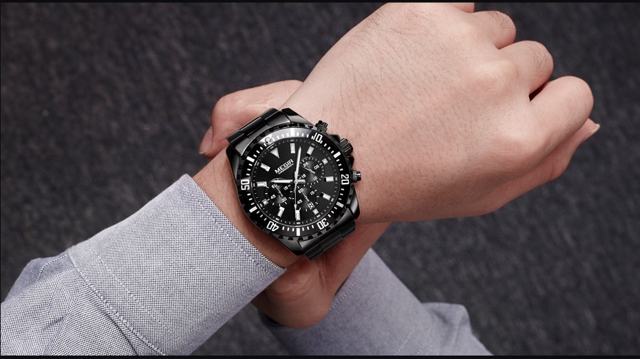 MEGIR Watch Luxury Business Quartz Mens Watches Sport Military Watch Men Full Steel Chronograph Waterproof relogio masculino