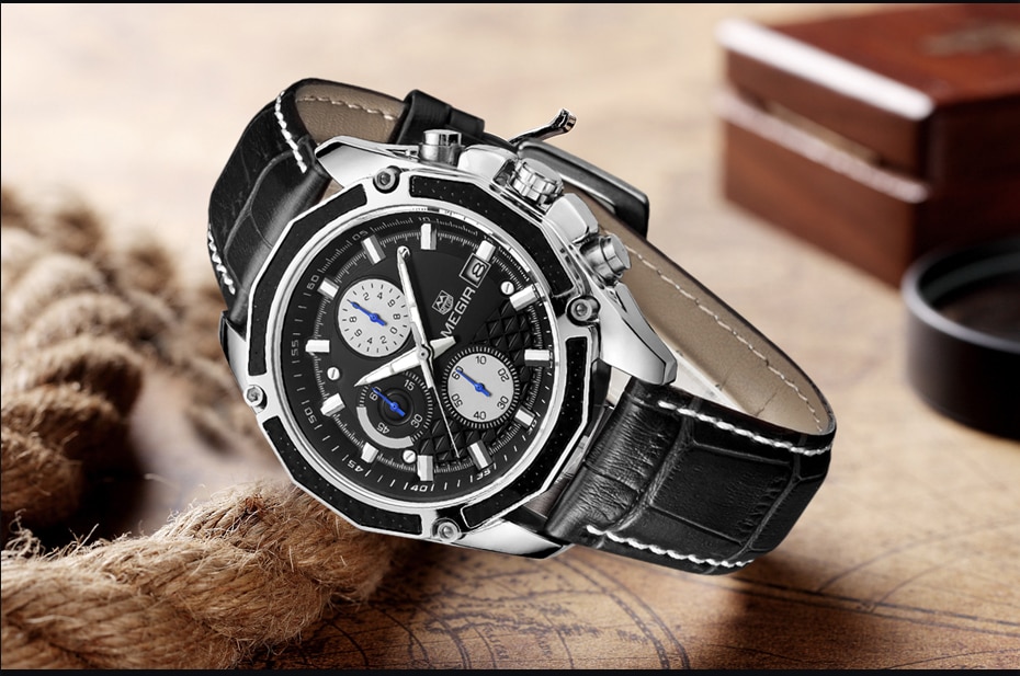 MEGIR Watch Business Quartz Men Watches Military Waterproof Leather Sport Wristwatch Chronograph Male Clock Relogio Masculino