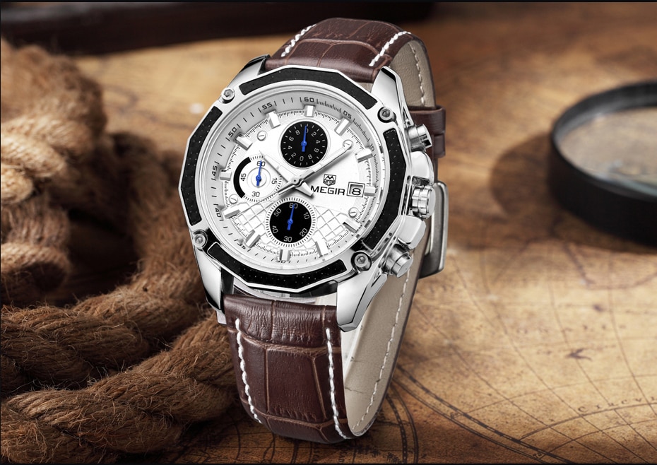 MEGIR Watch Business Quartz Men Watches Military Waterproof Leather Sport Wristwatch Chronograph Male Clock Relogio Masculino