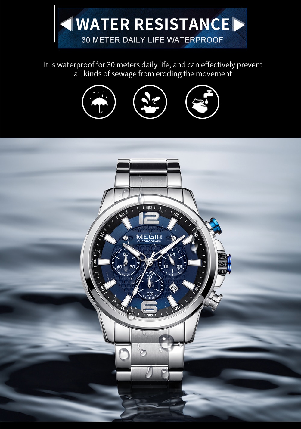 MEGIR Top Luxury Brand Watch Full Steel Mens Sport Quartz Wrist Watch Men Luminous Waterproof Chronograph Military Date Clock