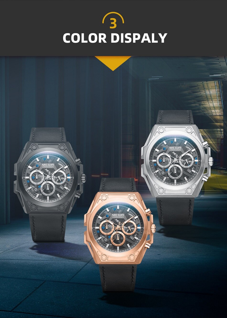 Top Brand MEGIR Men Watches Big Dial Leather Luminous Waterproof Sport Quartz Watch Men Clock Luxury Chronograph Reloj Hombre