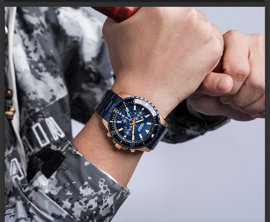 MEGIR Luxury Brand Men's Watches Blue Stainless Steel Band Business Quartz Watch Men Chronograph Army Military Wrist Watch Man