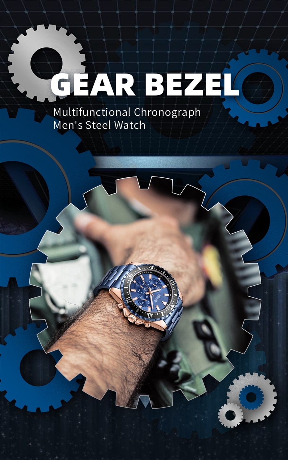 MEGIR Luxury Brand Men's Watches Blue Stainless Steel Band Business Quartz Watch Men Chronograph Army Military Wrist Watch Man