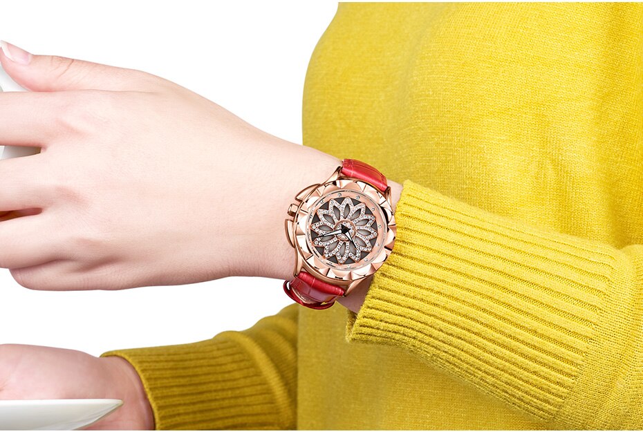 MEGIR Luxury Women Watches Fashion Rotated Dial Ladies Quartz Watch Red Leather Lovers Girl Wristwatches Clock Relogio Feminino