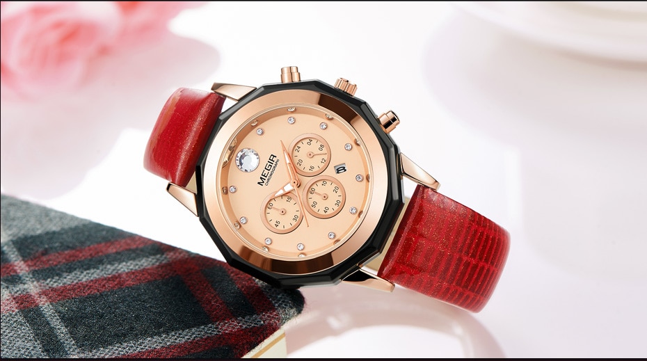 MEGIR Women Fashion Red Quartz Watch Lady Leather Chronograph High Quality Casual Waterproof Wristwatch Luxury Gift for Wife