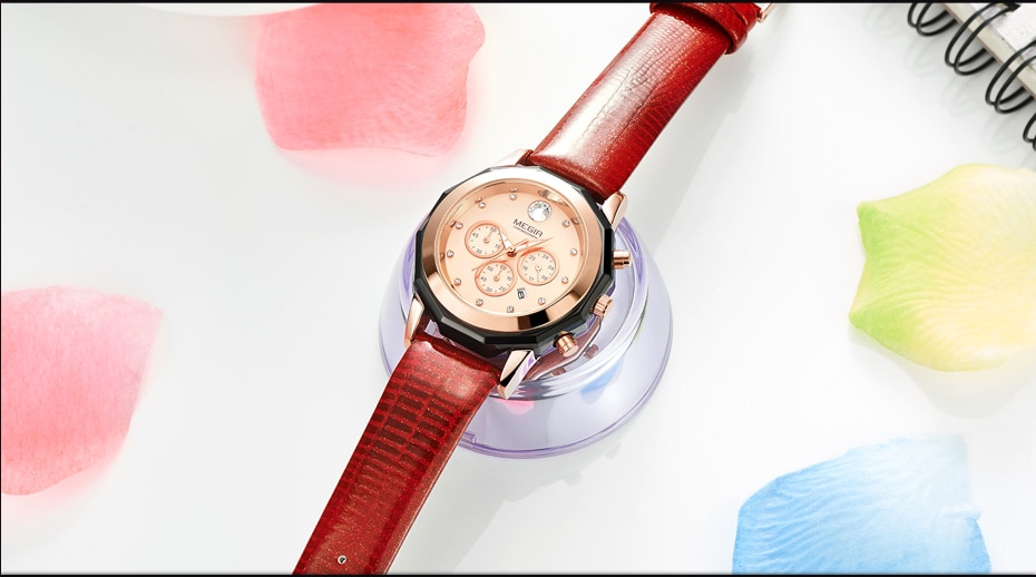 MEGIR Women Fashion Red Quartz Watch Lady Leather Chronograph High Quality Casual Waterproof Wristwatch Luxury Gift for Wife