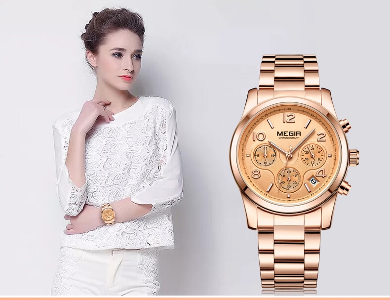 MEGIR Fashion Women Watches Stainless Steel Chronograph Top Luxury Brand Ladies Bracelet Quartz Watch Rose Gold Relogio Feminino