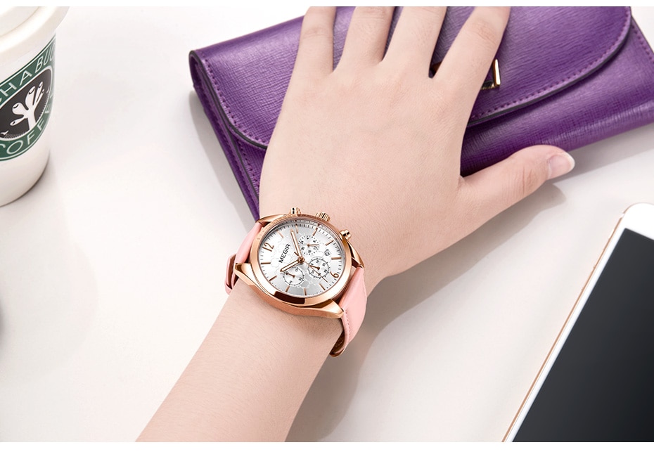 MEGIR Fashion Pink Leather Ladies Quartz Watch