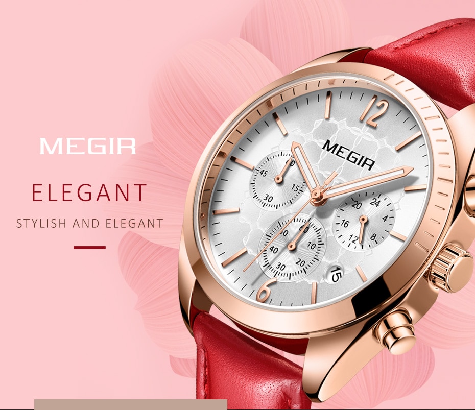 MEGIR Fashion Pink Leather Ladies Quartz Watch