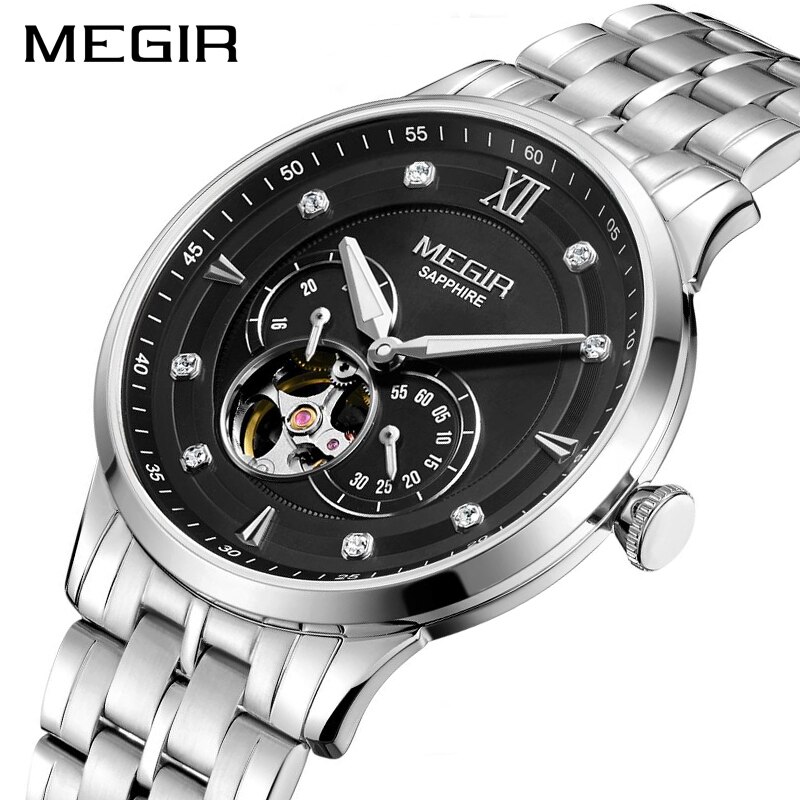 MEGIR Top Brand Luxury Skeleton Automatic Mechanical Watch Men Stainless Steel Waterproof Man Wrist Watches Clock montre homme
